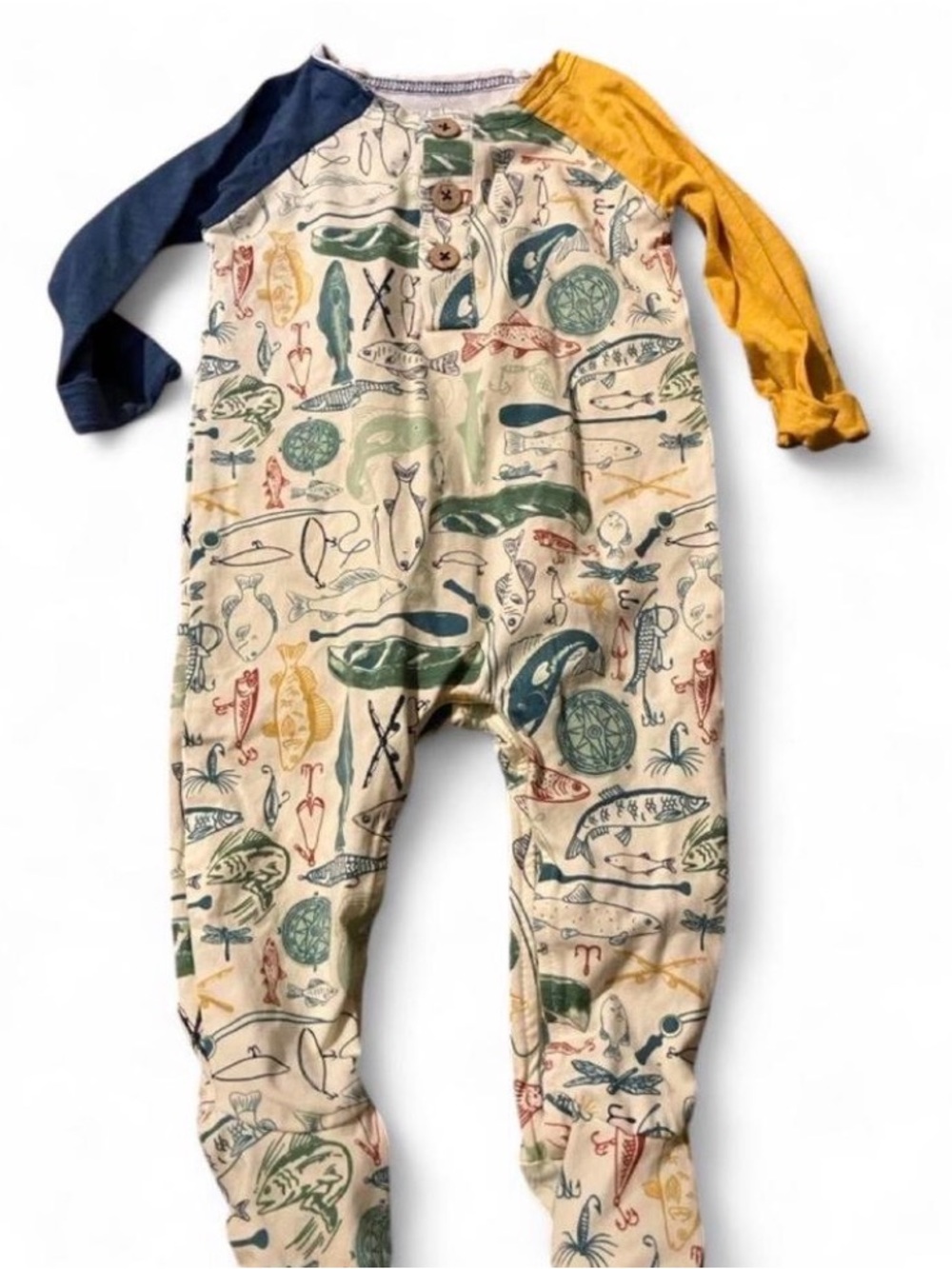 Mud Pie Cream Ocean Print Footie with Navy & Mustard Sleeves